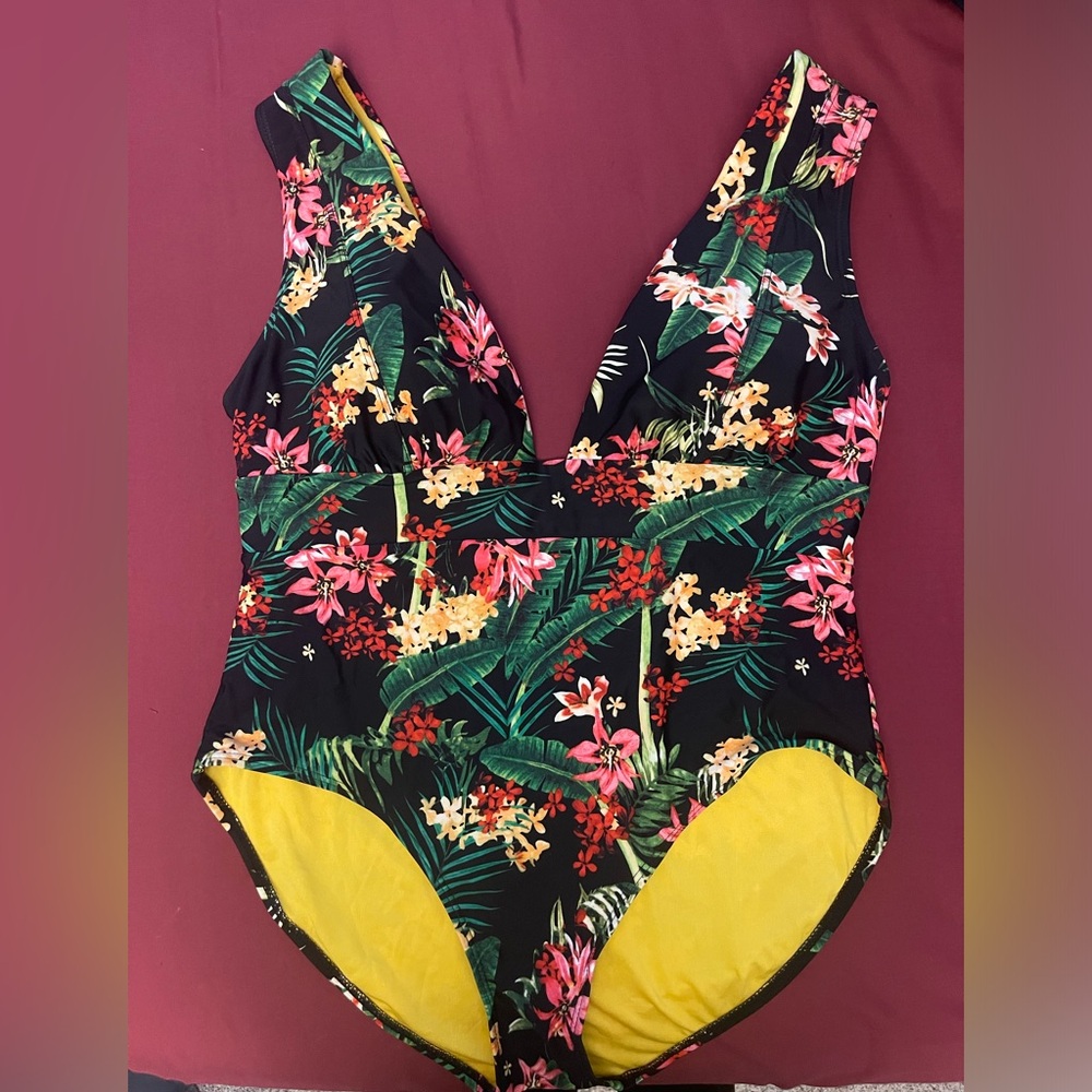 DIXXON Black Tropical Floral One-Piece Swimsuit with Yellow Lining